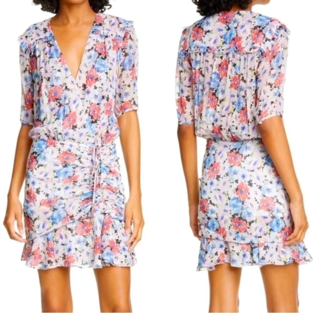 VERONICA BEARD Dakota Dress in Floral Multi Silk Ruched V- Neck Size 2